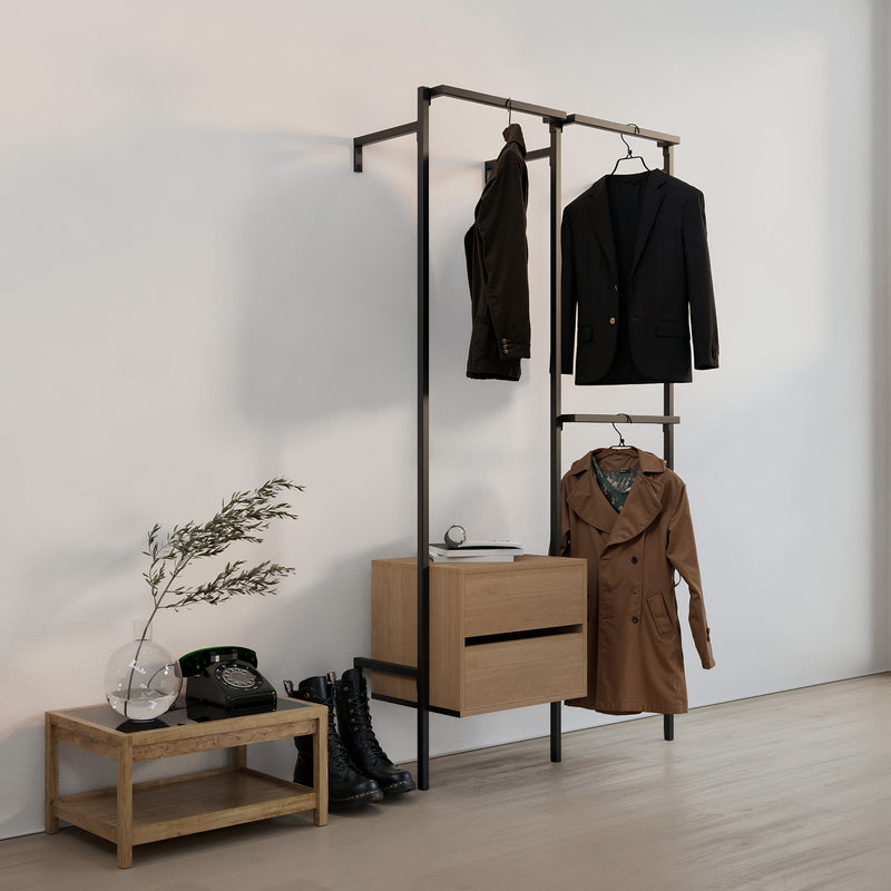Frame inloop 2 rijen garderobe systeem met ladekast - (1 roede + 1 ladekast / 2 roedes)
