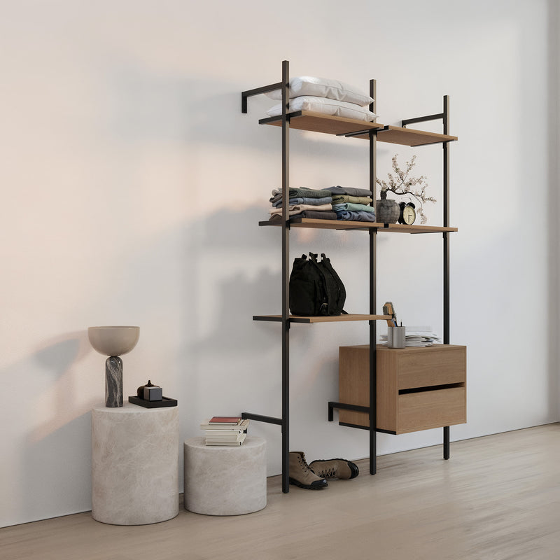 Frame walk-in 2-rijig garderobesysteem met bureau & ladekast - (1 bureau + 2 legplanken / 1 ladekast + 2 legplanken)