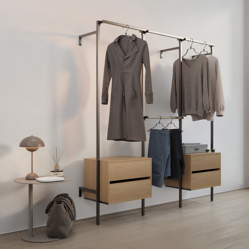 Frame walk-In 3 rijen garderobesysteem met ladekast - (1 roede + 1 ladekast / 2 roedes / 1 roede + 1 ladekast)