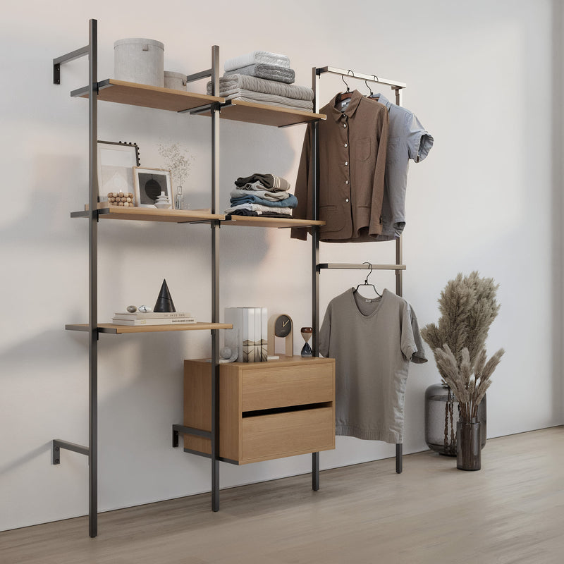 Frame inloop 3 rijen garderobe systeem met bureau & ladekast - (1 bureau + 2 planken / 1 ladekast + 2 planken / 2 roedes)