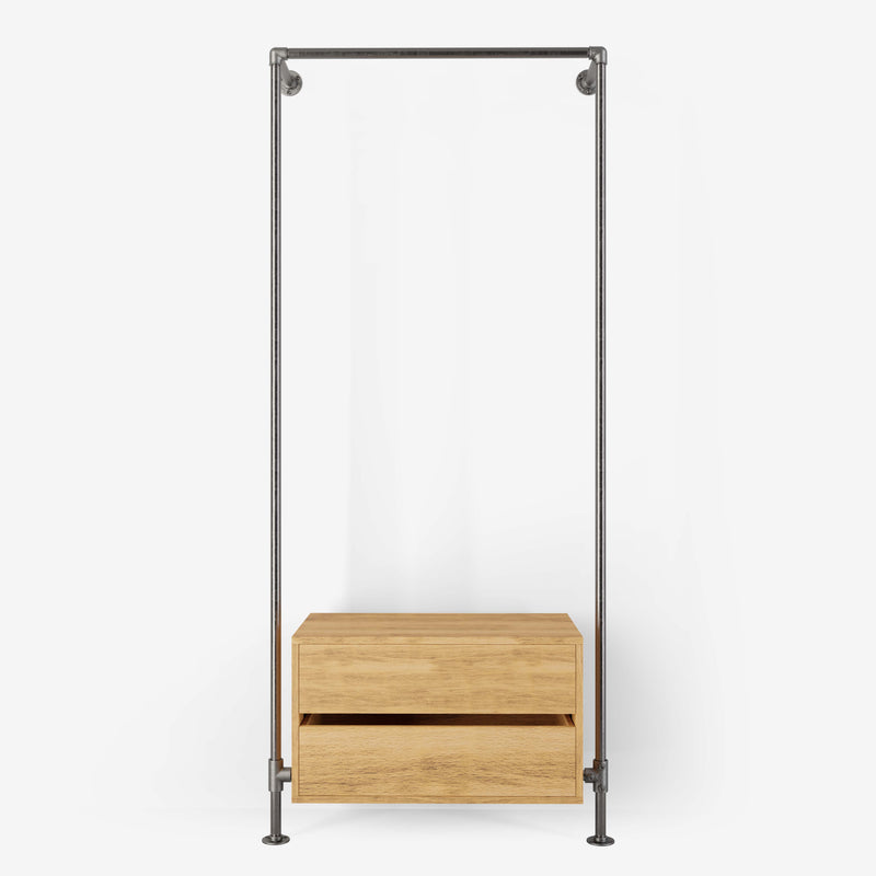 Walk-in wardrobe with one rail and one dresser made with silver pipes and classic oak